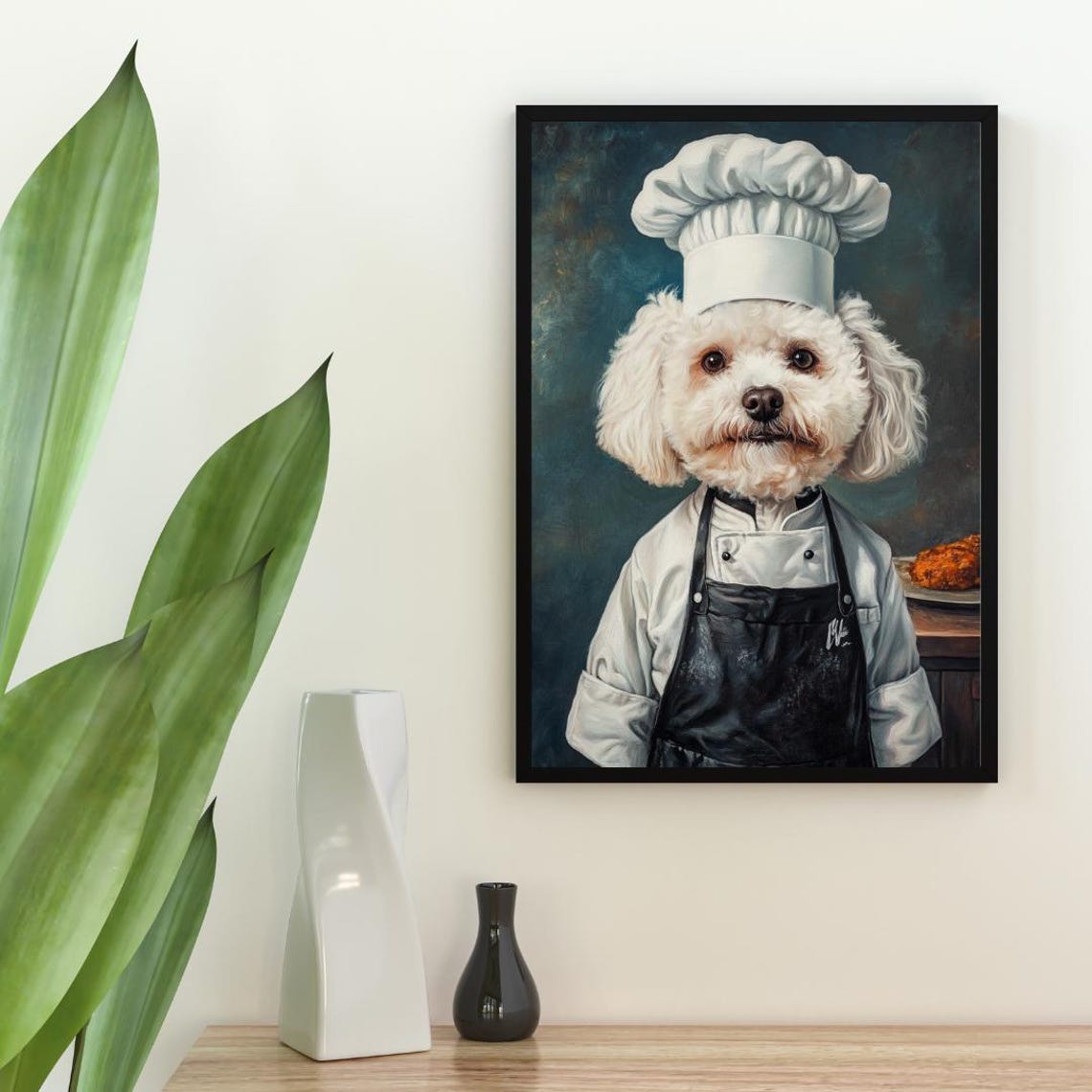 Bichon Frise Chef Portrait Hat Black Apron Funny Dog Kitchen Poster - Image 2