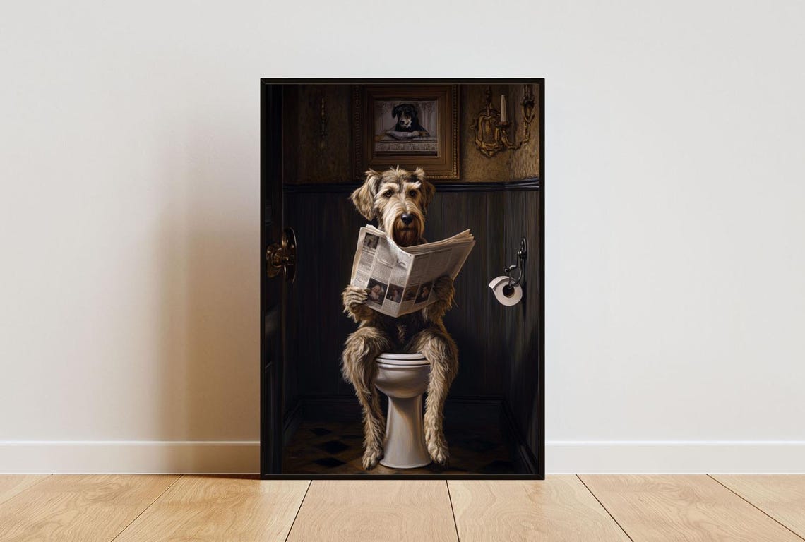 Irish Wolfhound on a Toilet Reading a Newspaper in a Bathroom Poster
