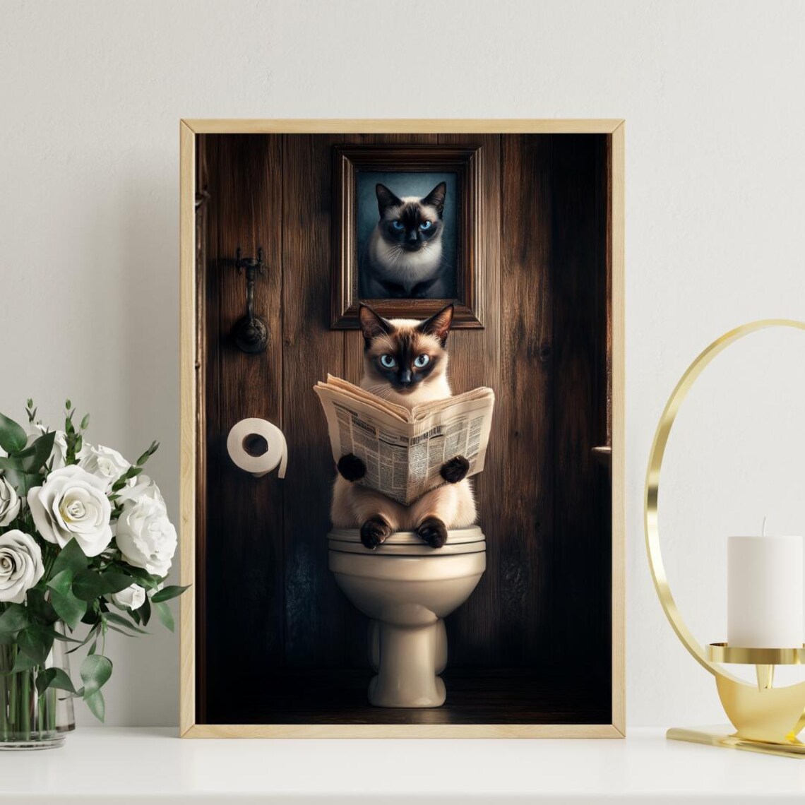 Siamese On Toilet Poster, Bathroom Cat Portrait - Image 3