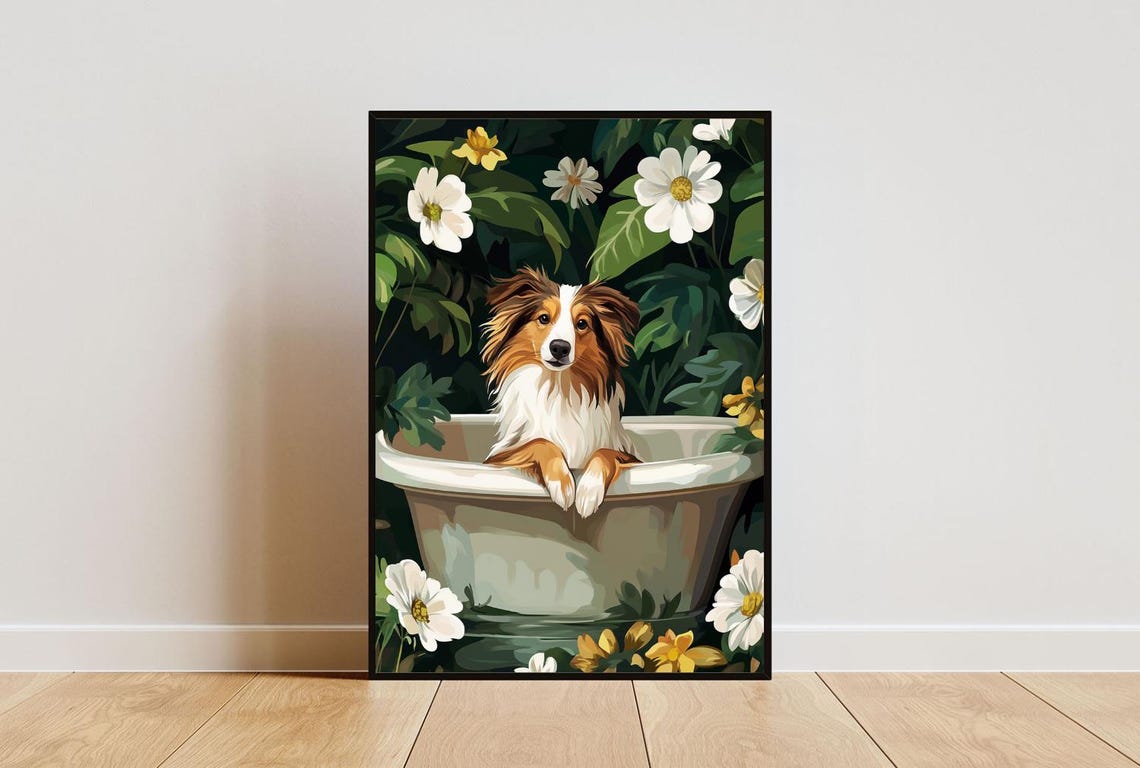 Shetland Sheepdog in Bathtub Fluffy Dog Bathroom Floral Art Poster