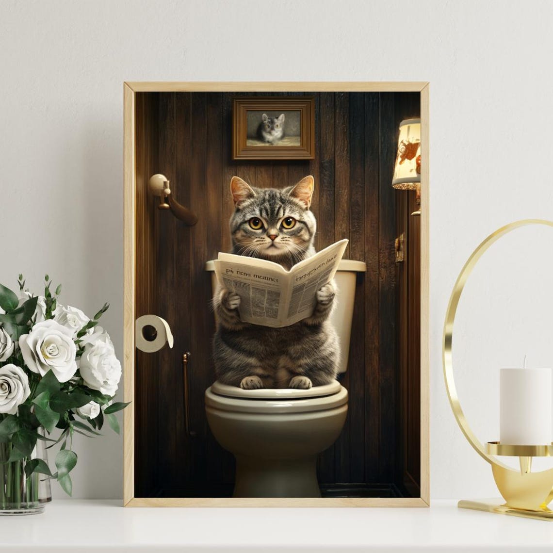 Scottish Fold Cat on a Toilet Reading a Newspaper in a Bathroom Poster - Image 3