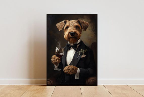 Airedale Terrier In Tuxedo Poster Pet Airedale Terrier In Suit Print Airedale Terrier Portrait Dog Poster Funny Airedale Terrier Art