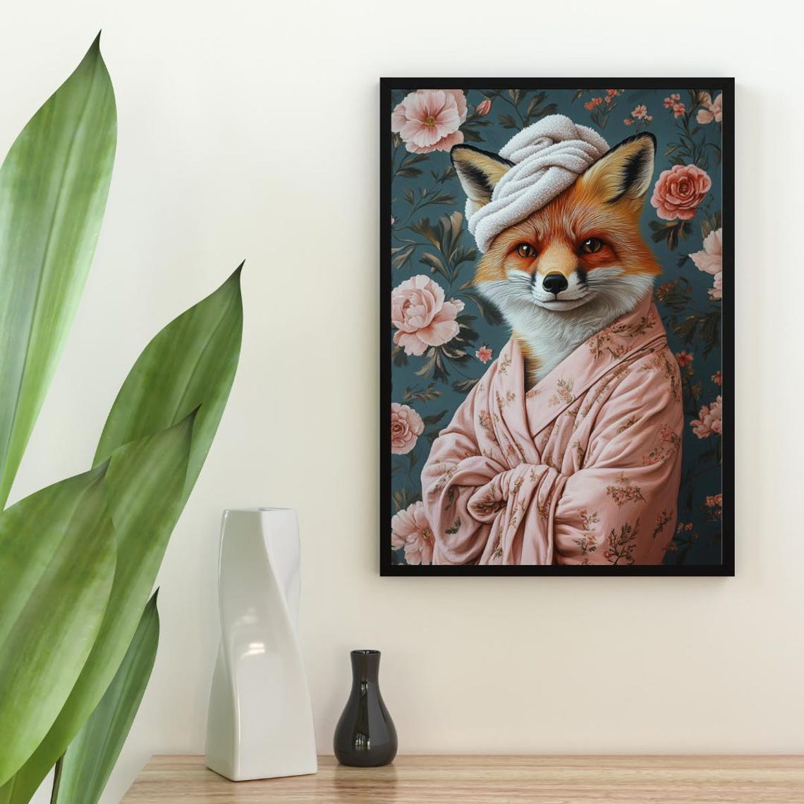 Red Fox In Floral Bathrobe With Towel Turban Funny Animal Poster - Image 2