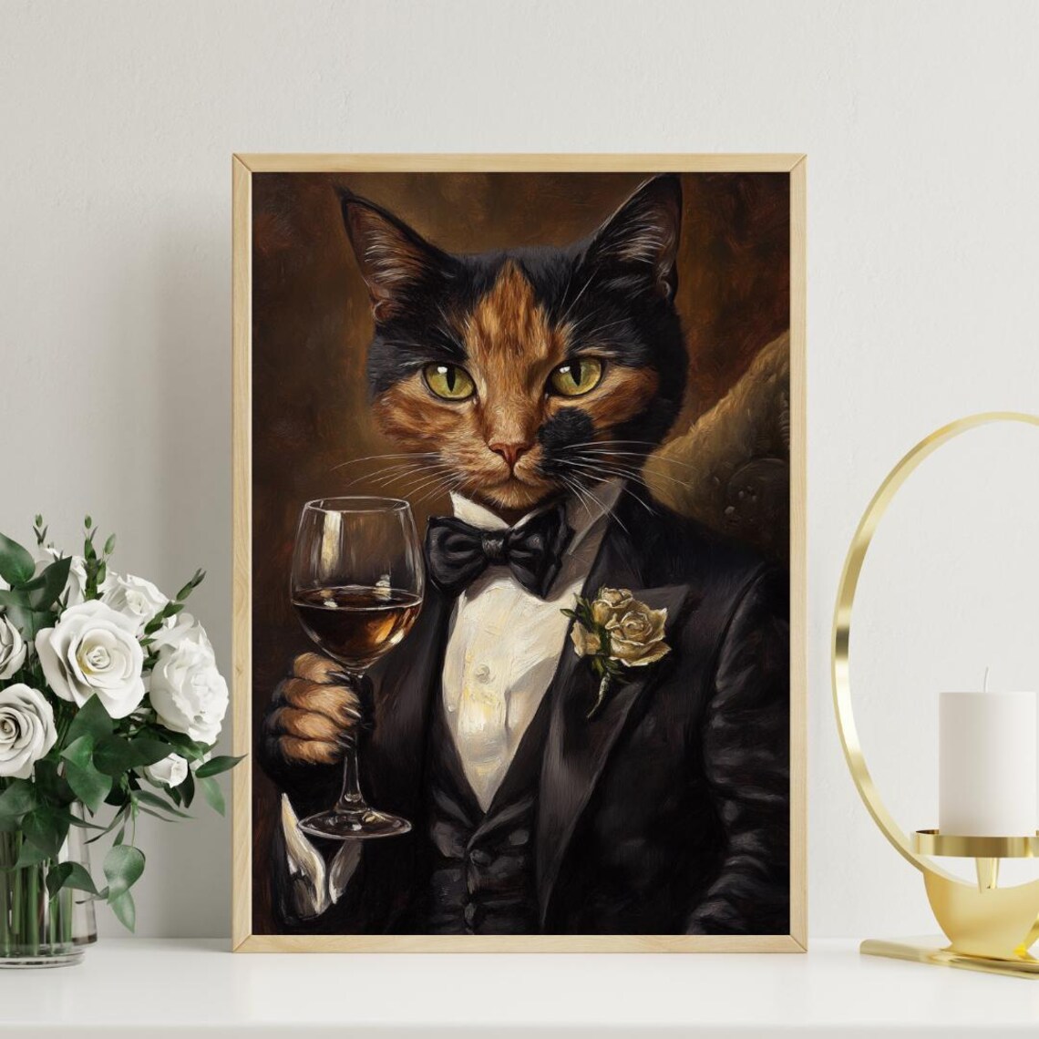 Tortoiseshell Cat In Tuxedo Holding White Wine Glass Formal Feline Portrait Poster - Image 3