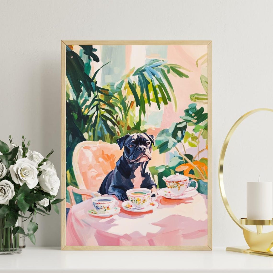Cane Corso Dog Garden Tea Party Pastel Oil Painting Style Poster - Image 3