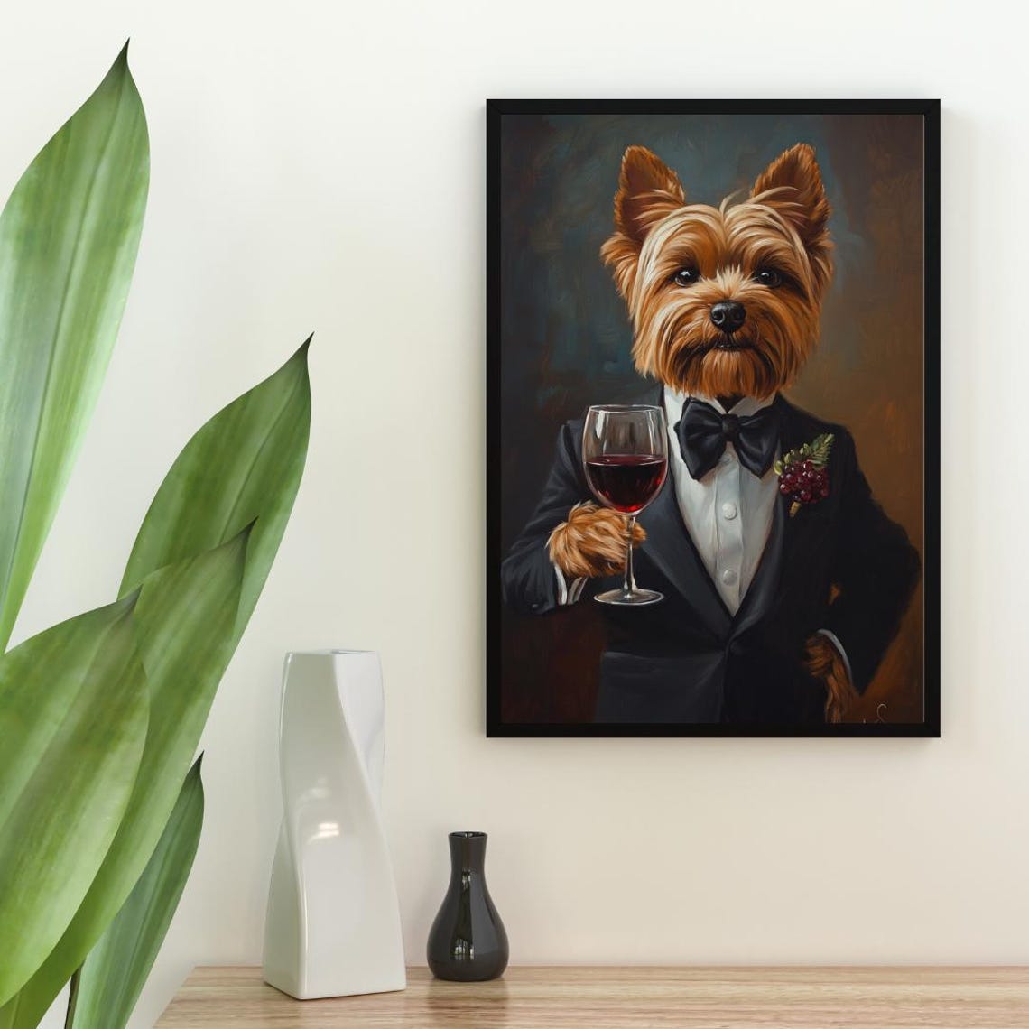 Yorkshire Terrier in Black Tie Tuxedo Holding Red Wine Poster - Image 2