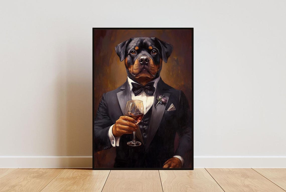 Rottweiler In Tuxedo Poster Poster Rottweiler In Suit Print Dog Wall Art Dachshund Portrait Dog Living Room Poster Funny Rottweiler Art
