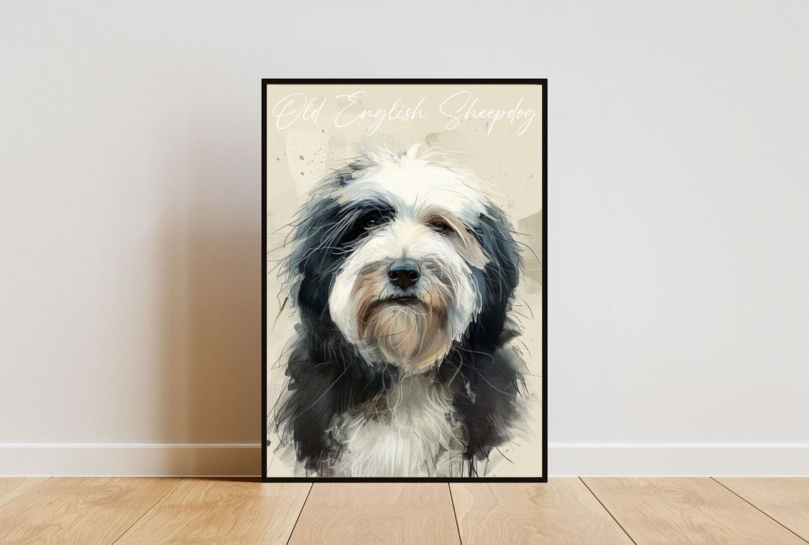 Old English Sheepdog Watercolor Dog Portrait Poster Gift Decor