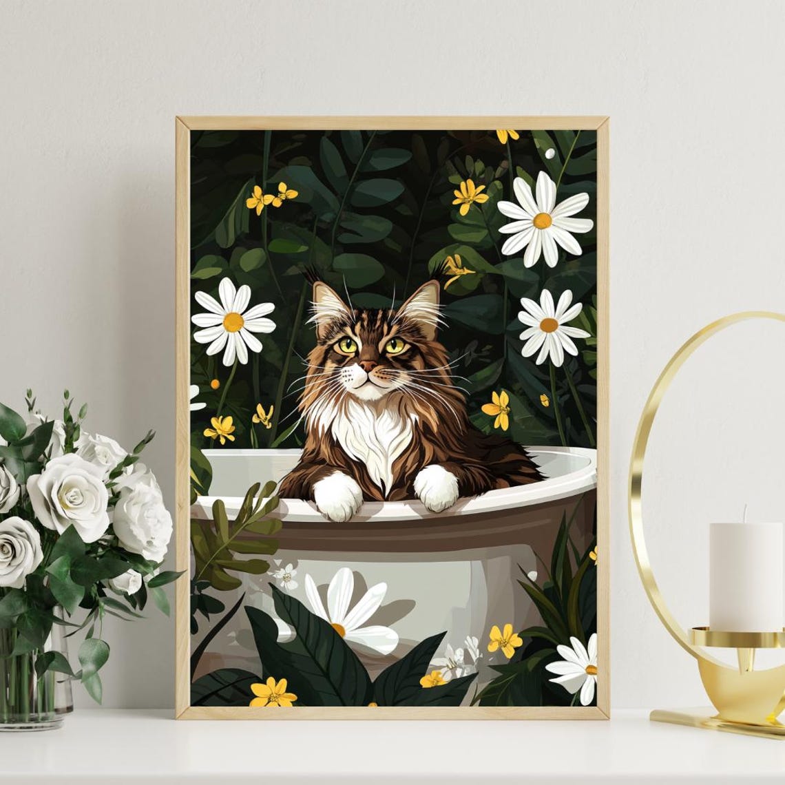 Maine Coon Cat in Bathtub Botanical Bathroom Poster Funny Giant Decor - Image 3