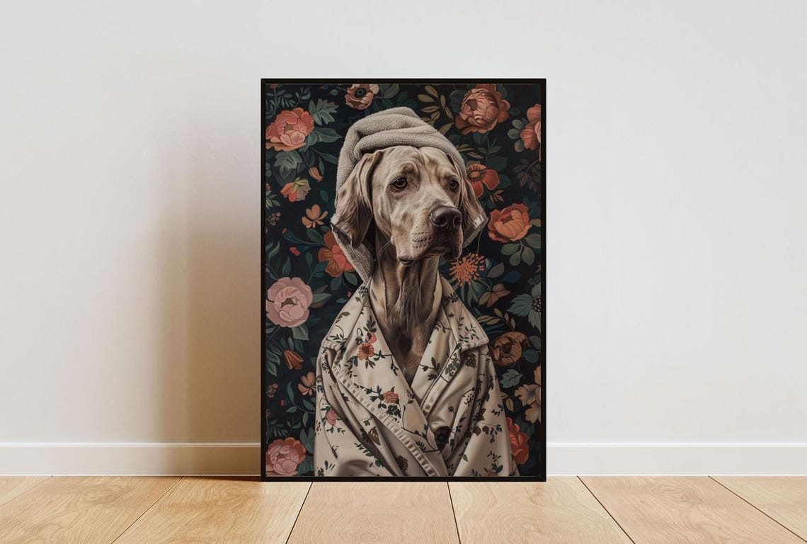 Weimaraner in Floral Bathrobe Funny Dog Bathroom Portrait Poster