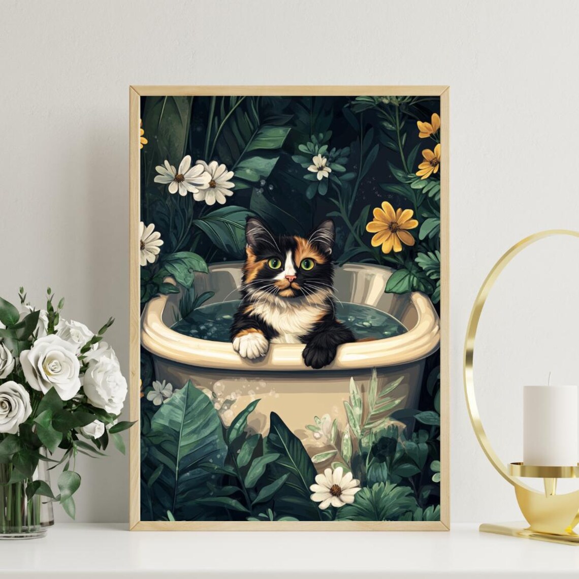 Tortoiseshell Cat in Bathtub Botanical Poster Funny Bathroom Decor Piece - Image 3