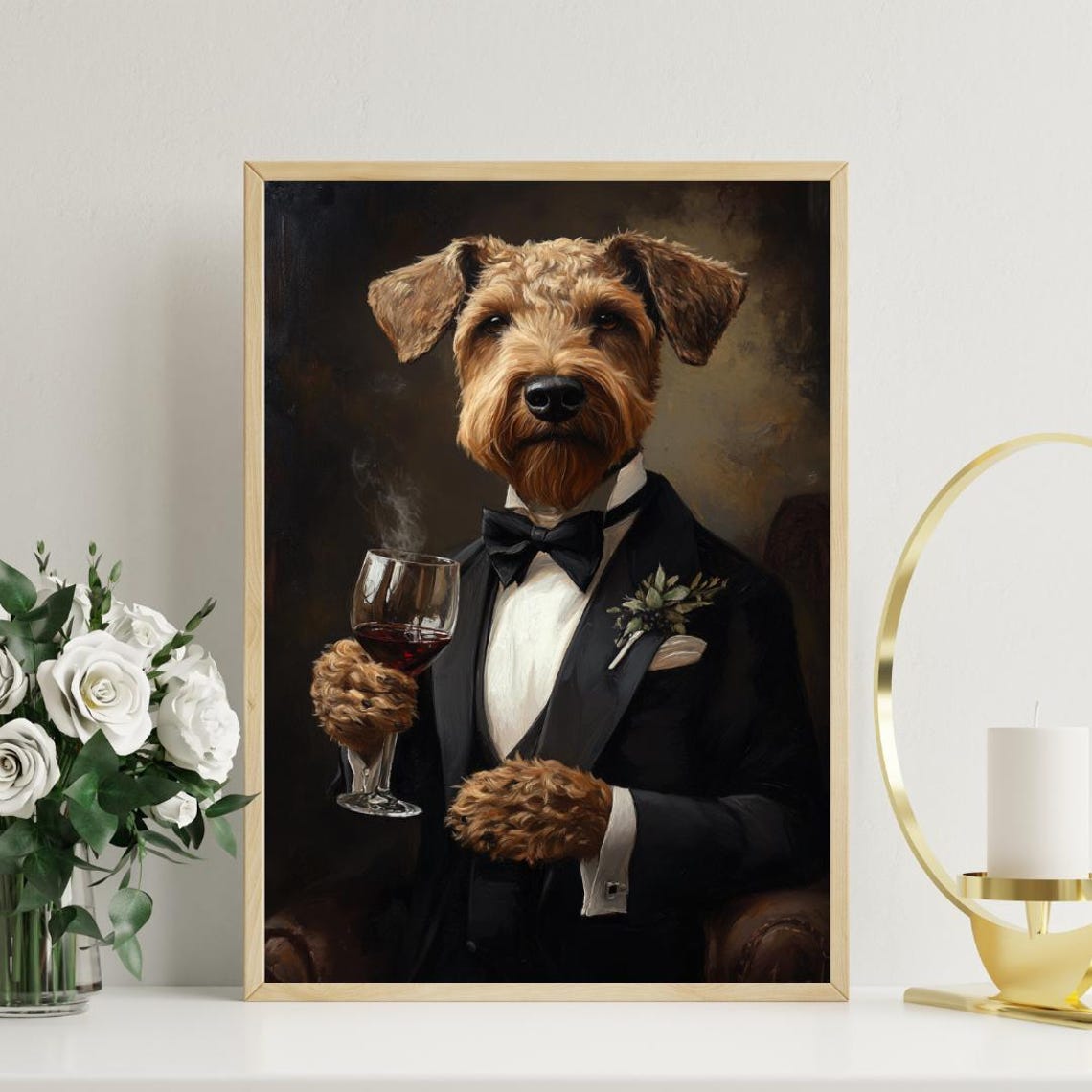 Airedale Terrier In Tuxedo Holding Red Wine Glass Dog Portrait Poster - Image 3