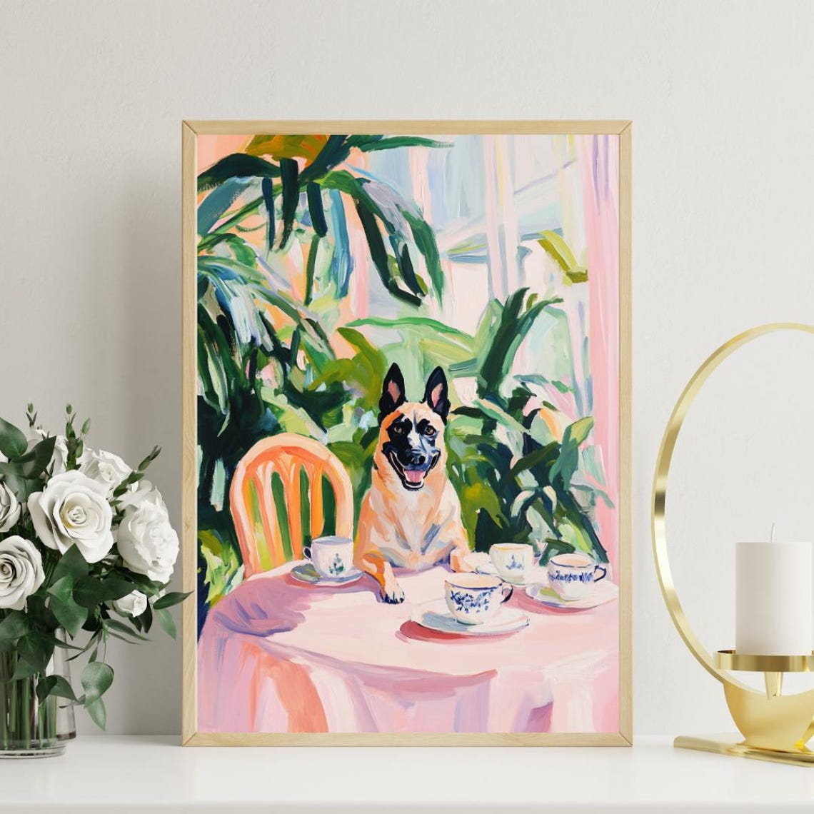 Belgian Malinois Dog Garden Tea Party Pastel Painting Style Poster - Image 3