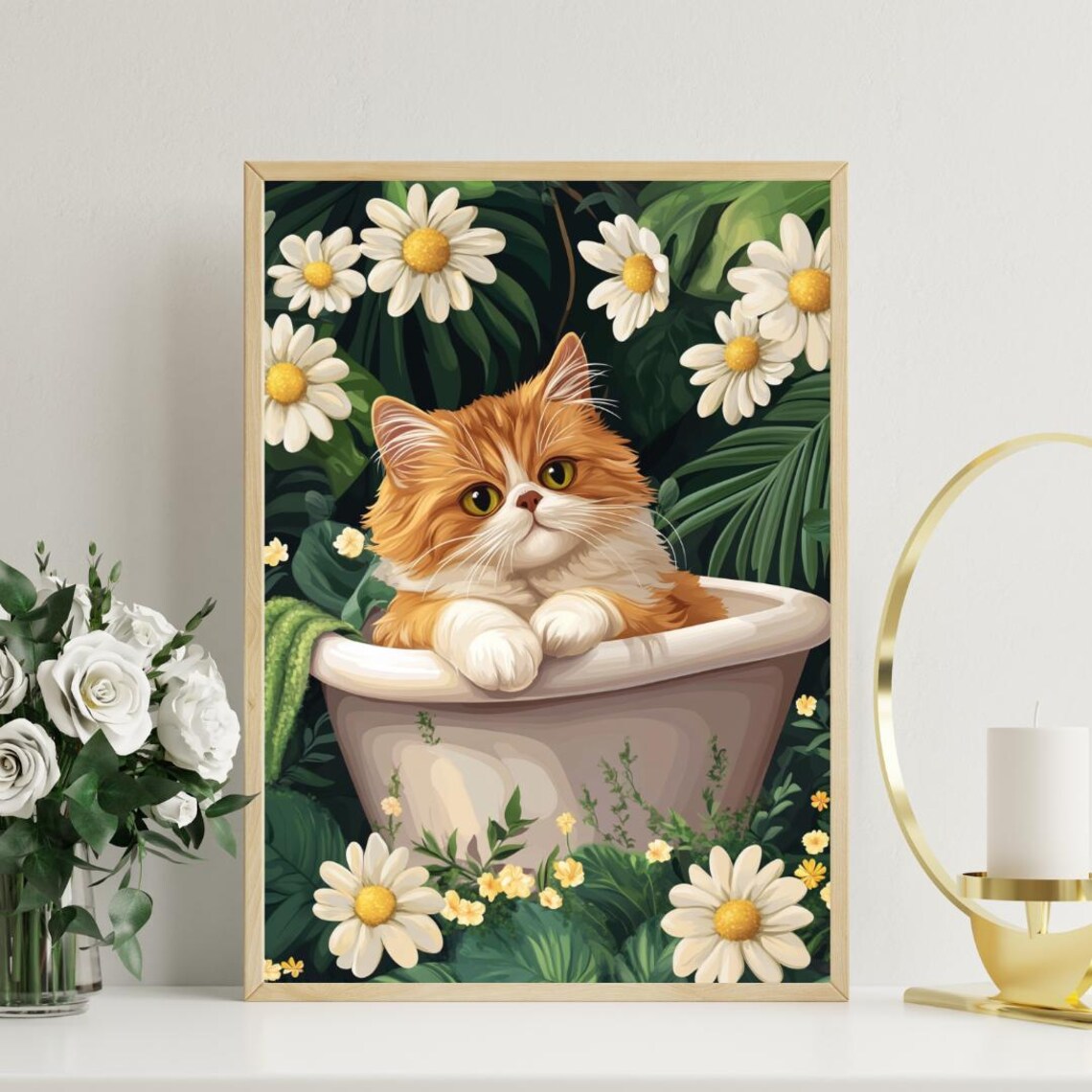 Persian Cat in Bathtub Botanical Bathroom Poster Funny Fluffy Room Decor - Image 3