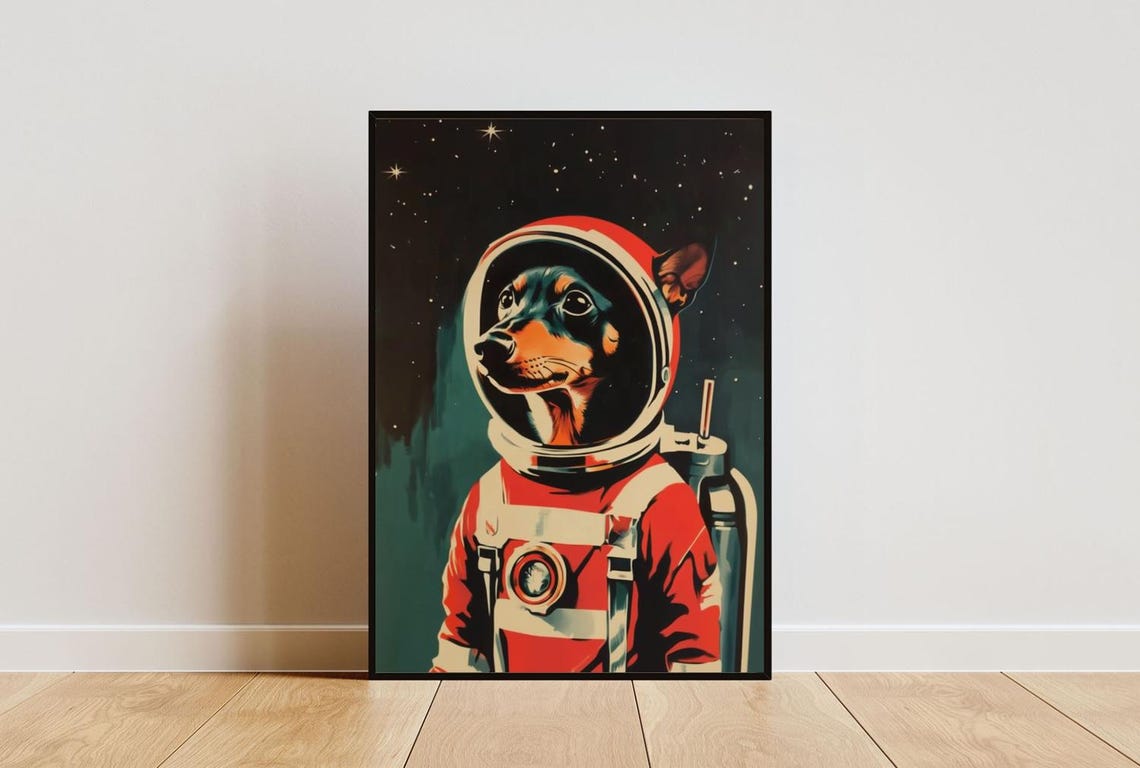 Miniature Pinscher Astronaut Bubble Helmet Stars Tiny Dog Space Poster
