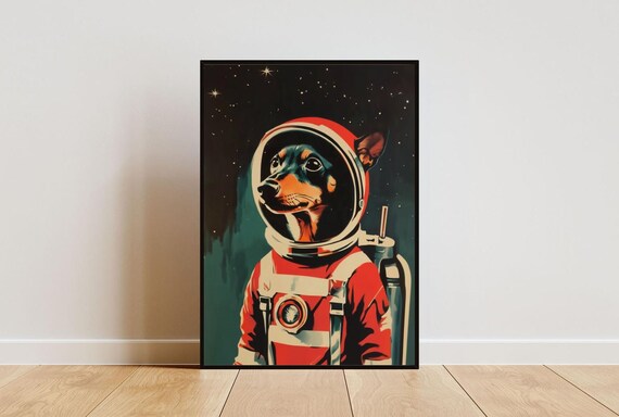 Miniature Pinscher Astronaut Bubble Helmet Stars Tiny Dog Space Poster