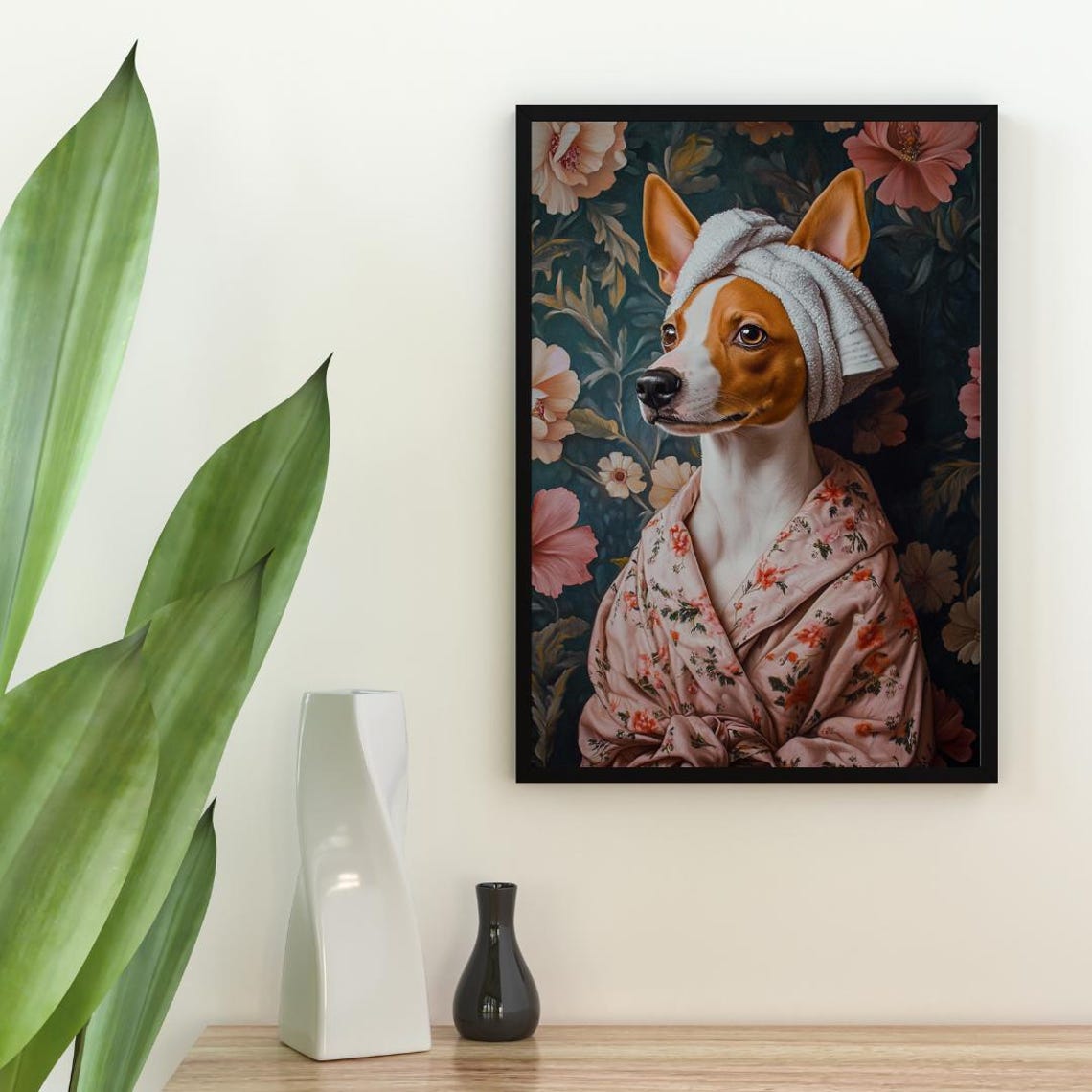 Basenji In Bathrobe Spa Day Portrait Funny Dog Bathroom Poster - Image 2
