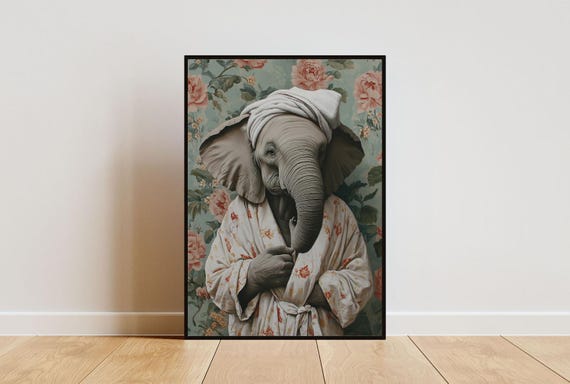 Elephant In Bathrobe Poster Animal Poster Elephant Bathroom Print Animal Wall Art Elephant Portrait Animal Bathroom Poster Elephant