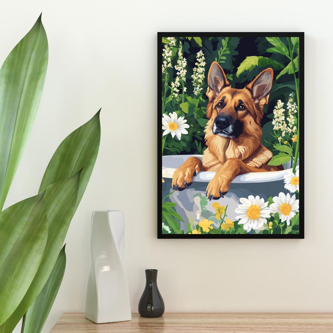 German Shepherd in Bathtub Big Dog Bathroom Daisy Floral Art Poster - Image 2