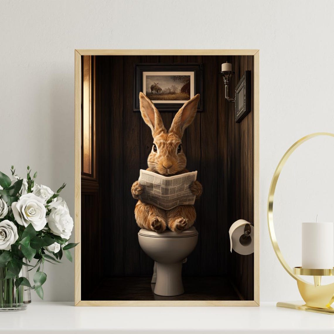 Hare on a Toilet Reading a Newspaper in a Cozy Wood Bathroom Poster - Image 3