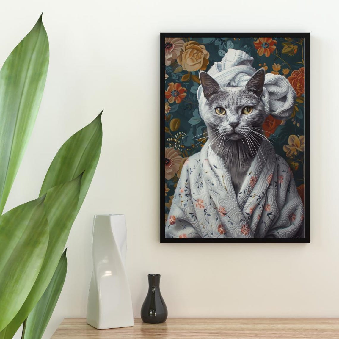 Russian Blue Cat Bathrobe Portrait Poster Cute Spa Day Floral Decor - Image 2