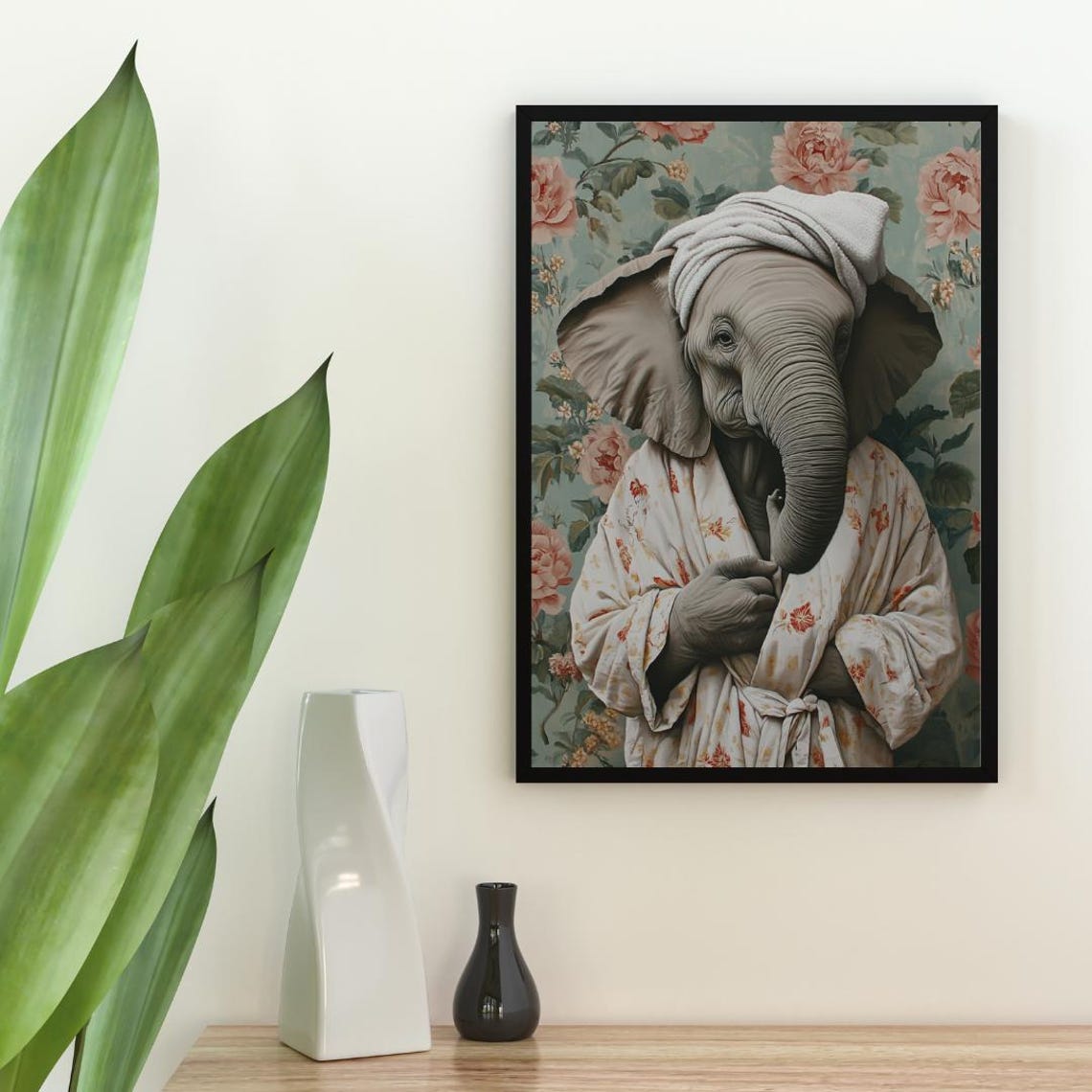 Elephant In Floral Bathrobe With Towel Turban Funny Animal Poster - Image 2