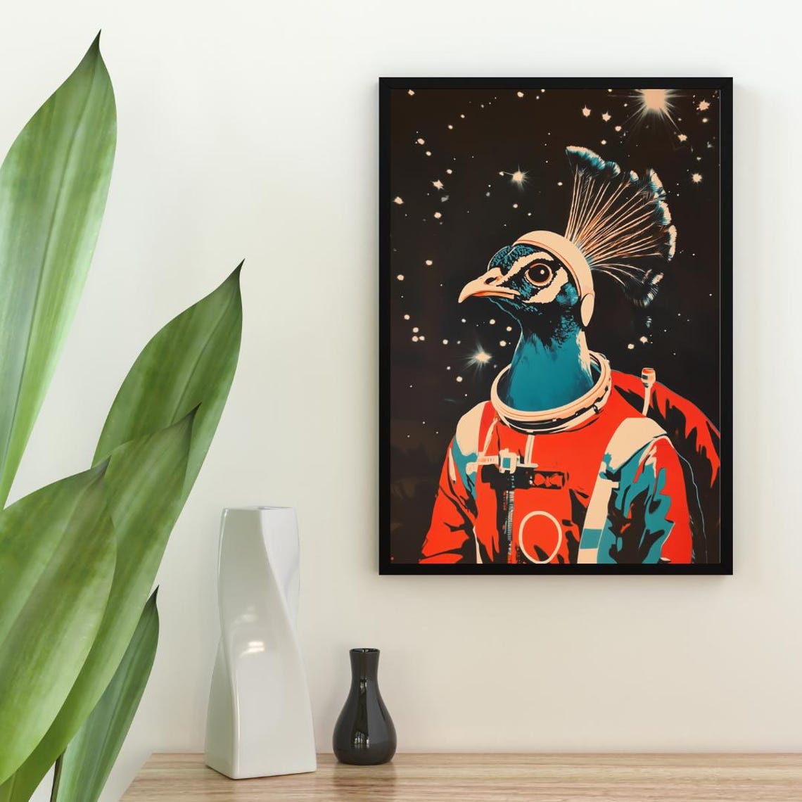 Peacock Astronaut Starry Night Retro Vintage Space Portrait Poster - Image 2