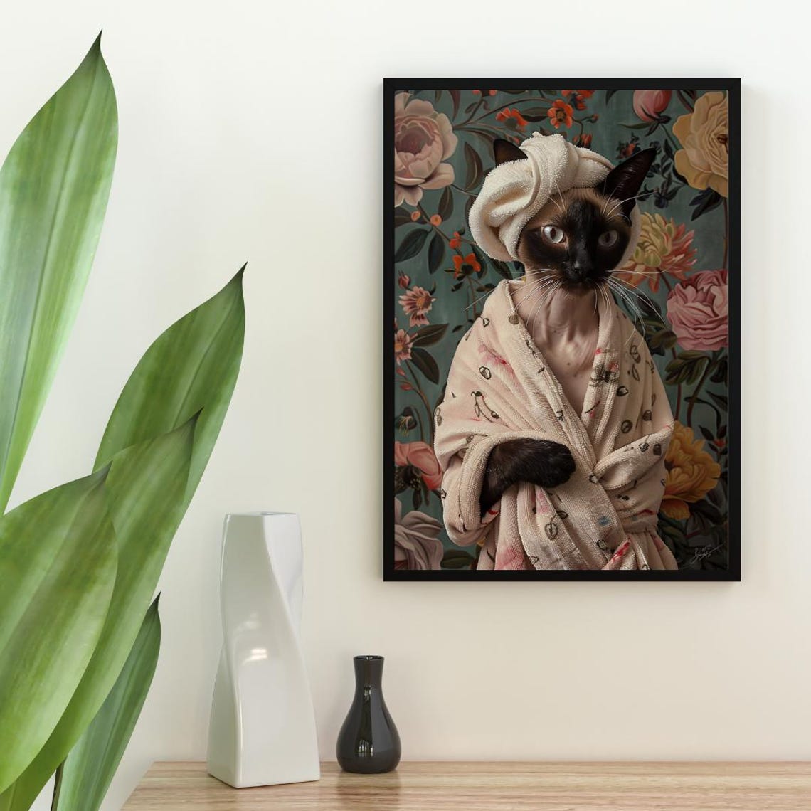 Siamese Cat in Bathrobe Floral Wallpaper Bathroom Art Poster - Image 2