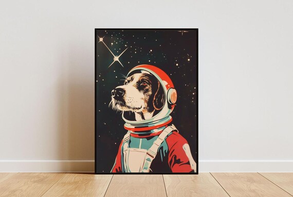 Hound Dog Astronaut Vintage Retro Starry Space Portrait Poster