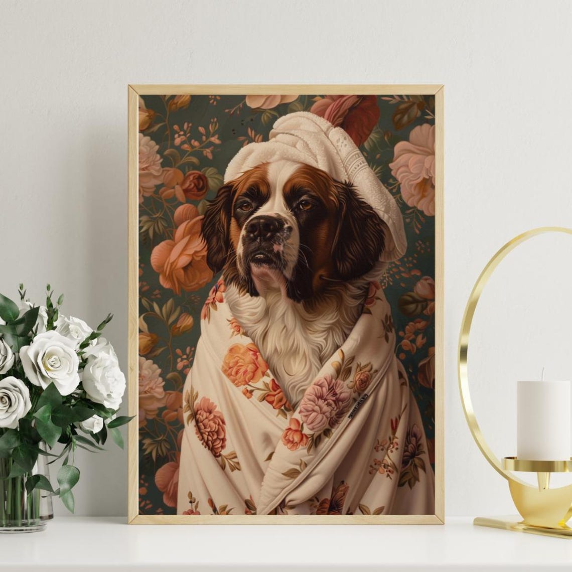 St Bernard In Bathrobe Spa Day Portrait Funny Big Dog Wall Poster - Image 3