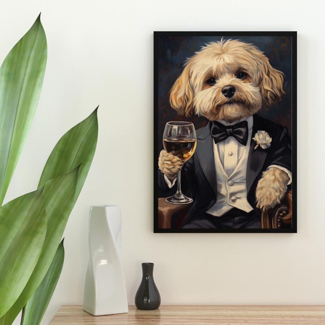 Havanese Dog In Tuxedo Holding White Wine White Flower Portrait Poster - Image 2