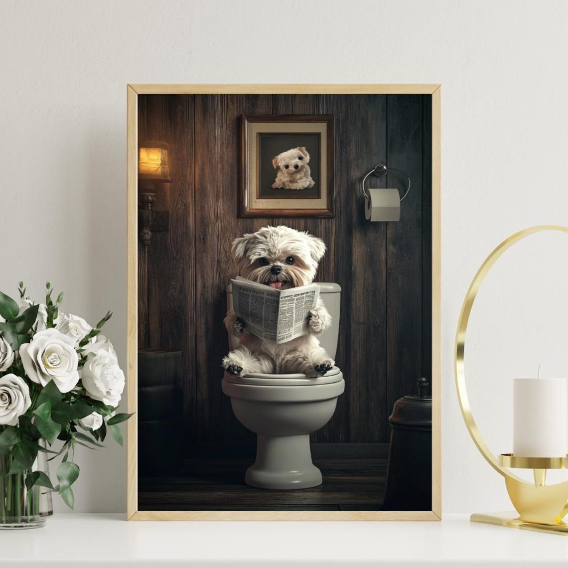 Maltese Sitting On Toilet Reading Newspaper Funny Bathroom Poster - Image 3