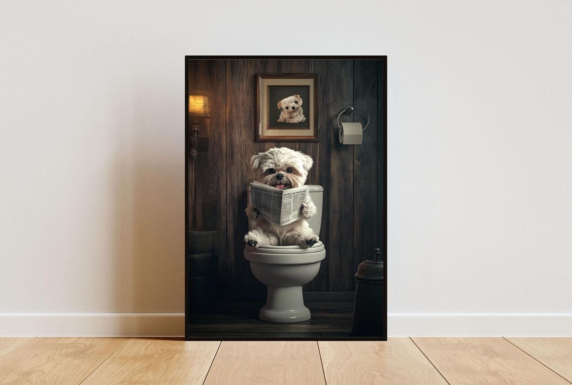 Maltese Sitting On Toilet Reading Newspaper Funny Bathroom Poster