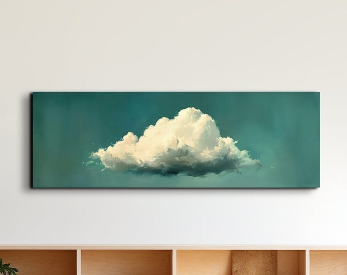 Solitary White Cloud Drifting Across Teal Sky Minimalist Poster