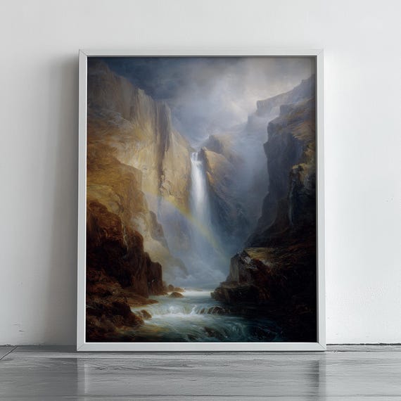 Dramatic Waterfall Painting Cliffside Landscape Art Moody Rustic Decor Towering Waterfalls Wall Nature Print 133