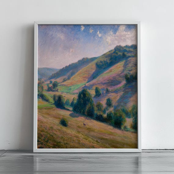 Rustic Hillside Landscape Art Claude Monet Inspired Oil Painting Earthy Wall Decor Scenic Country Meadows Cottage Style 109