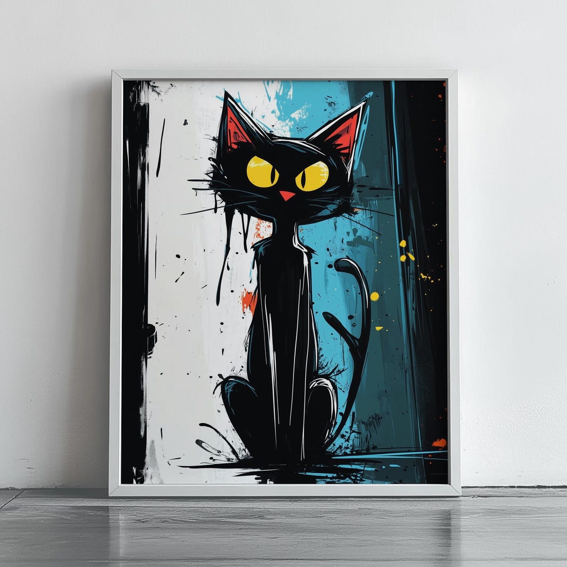 Abstract Black Cat Wall Art Spooky Halloween Decor Moody Painting Print 237