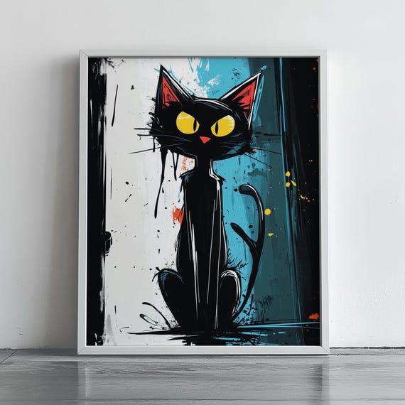 Abstract Black Cat Wall Art Spooky Halloween Decor Moody Painting Print 237
