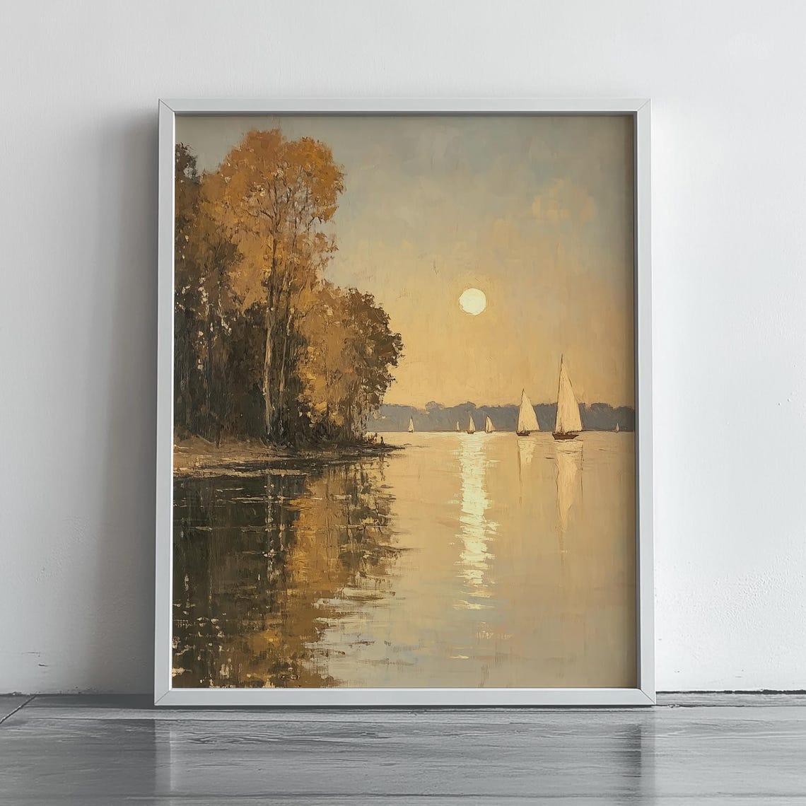 Twilight Shoreline Sailboats Golden Reflections Oil Painting Poster