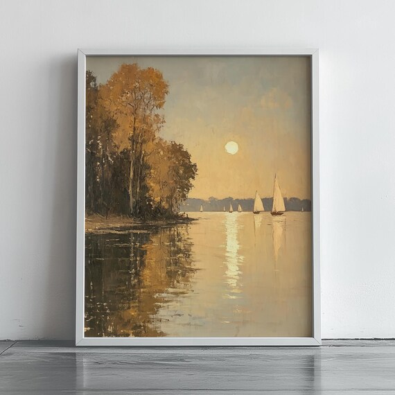 Twilight Shoreline Sailboats Golden Reflections Oil Painting Poster