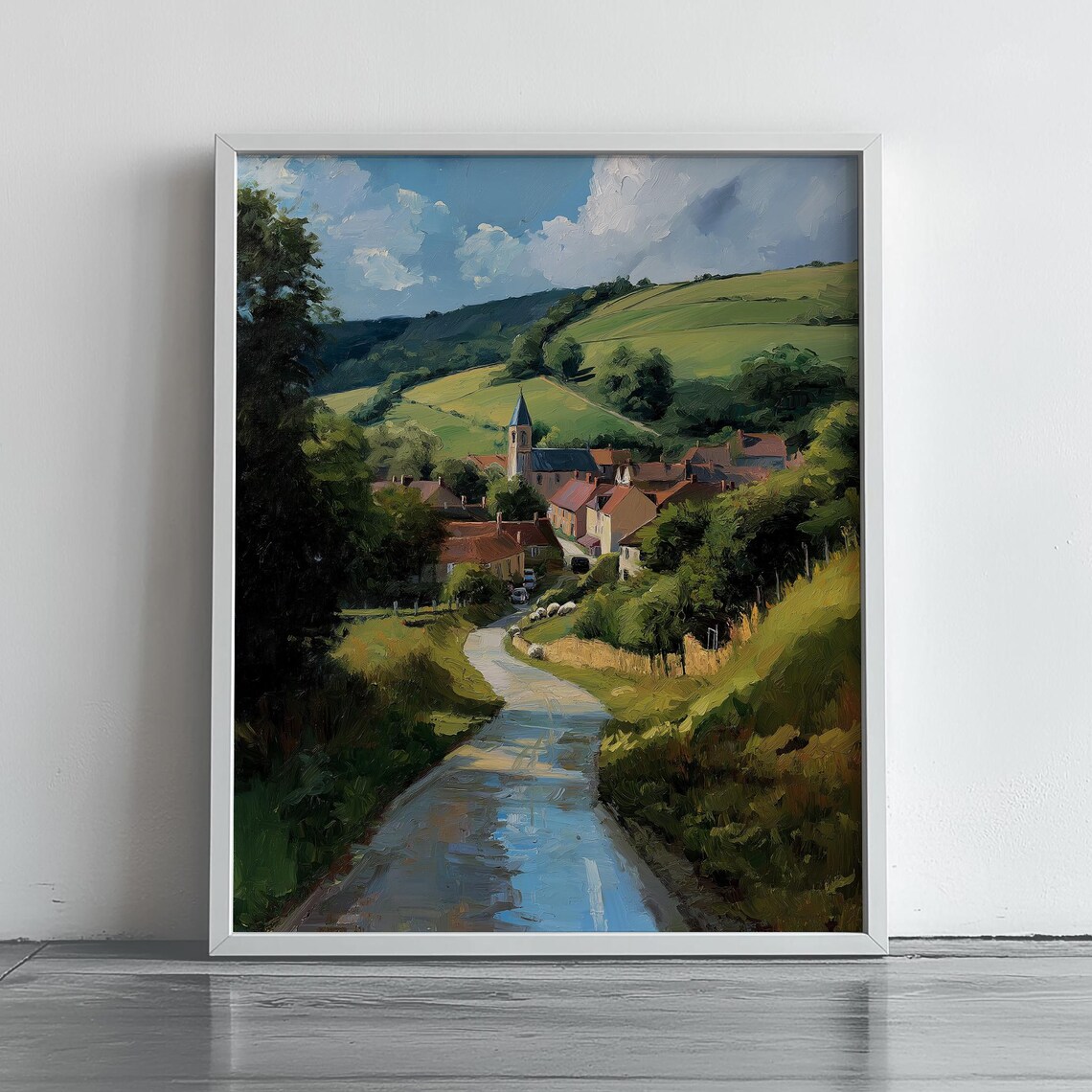 Rustic English Village Church Green Hills Countryside Landscape Print