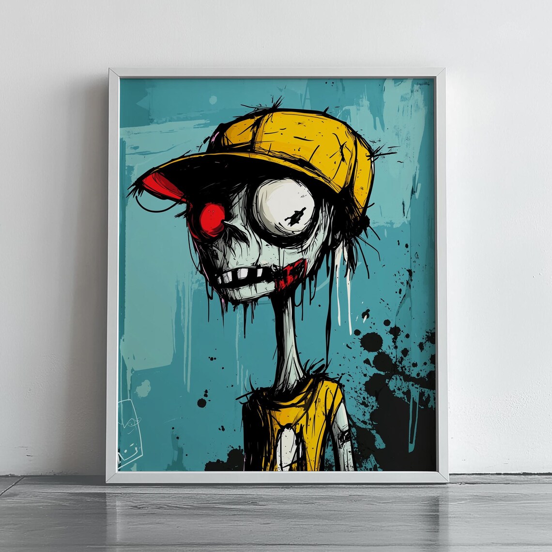Grungy Cartoon Zombie Character With Yellow Cap Spooky Halloween Poster
