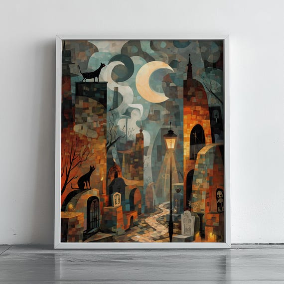 Stylized Halloween Village Black Cats Crescent Moon Art Poster