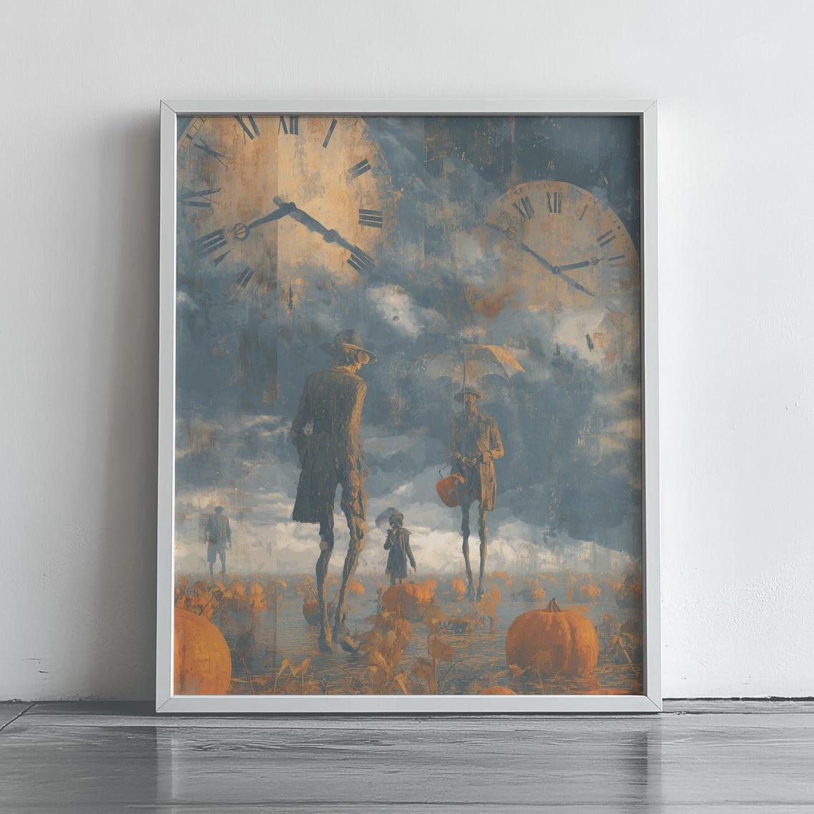 Surreal Autumn Clock Field With Giant Figures And Pumpkins Halloween Poster