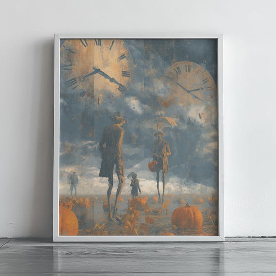 Surreal Autumn Clock Field With Giant Figures And Pumpkins Halloween Poster