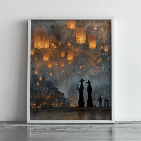 Halloween Floating Lantern Night Sky Poster with Witch Silhouette Village