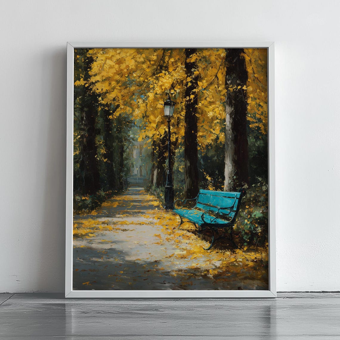 Autumn Park Pathway With Teal Bench Among Golden Trees Poster