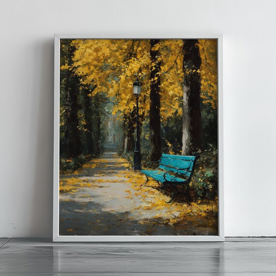 Autumn Park Pathway With Teal Bench Among Golden Trees Poster