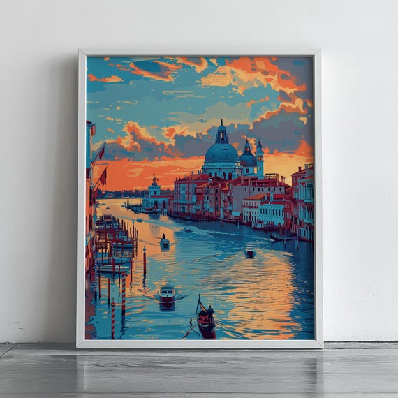 Vintage Venice Travel Poster Wall Art Italy Canal Sunset Illustration Rustic Decor Painting Holiday 205