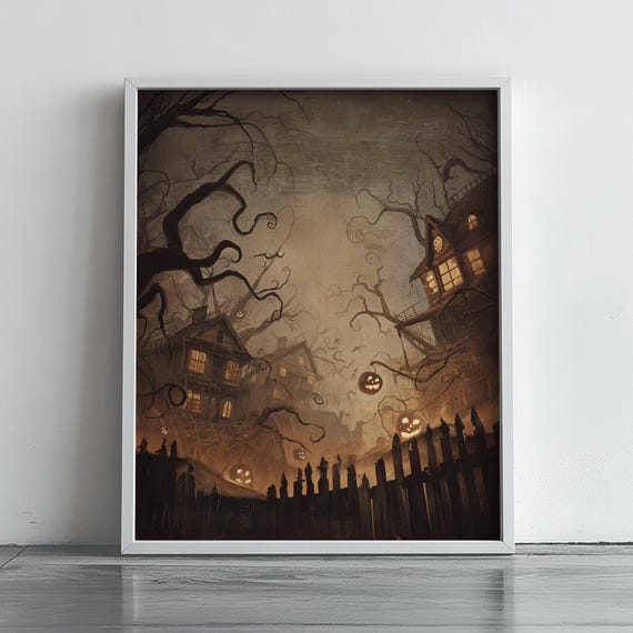 Vintage Halloween Wall Art Spooky Haunted House Scene Dark Moody Night Rustic Gothic Decor Creepy Print 39